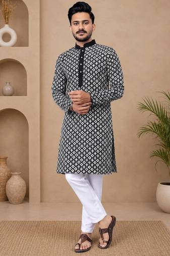 Black color white embroidery thread work with multi sequence silk men's kurta payjama set