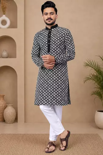 Black color white embroidery thread work with multi sequence silk men's kurta payjama set