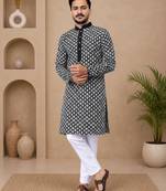 Black color white embroidery thread work with multi sequence silk men's kurta payjama set