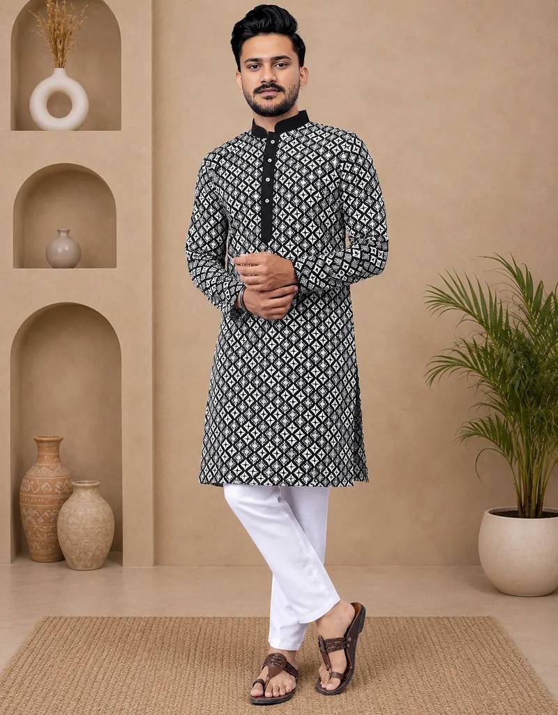 Black color white embroidery thread work with multi sequence silk men's kurta payjama set