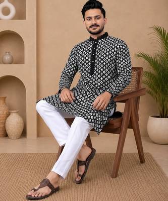 Black color white embroidery thread work with multi sequence silk men's kurta payjama set 2