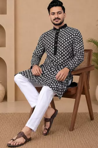 Black color white embroidery thread work with multi sequence silk men's kurta payjama set
