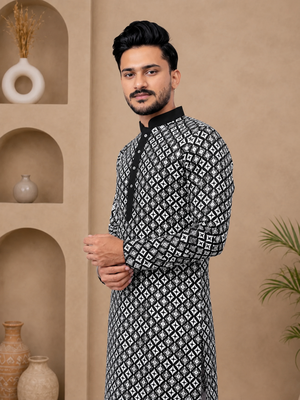 Black color white embroidery thread work with multi sequence silk men's kurta payjama set 3