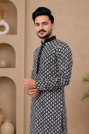 Black color white embroidery thread work with multi sequence silk men's kurta payjama set