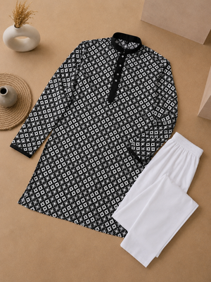Black color white embroidery thread work with multi sequence silk men's kurta payjama set 5