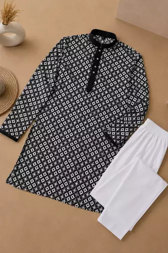 Black color white embroidery thread work with multi sequence silk men's kurta payjama set