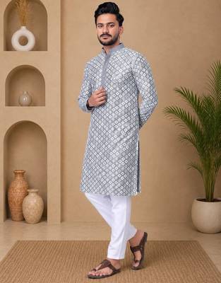 Grey color white embroidery thread work with multi sequence silk men's kurta payjama set 1