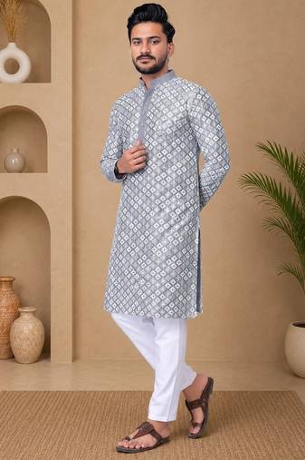 Grey color white embroidery thread work with multi sequence silk men's kurta payjama set
