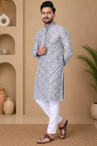 Grey color white embroidery thread work with multi sequence silk men's kurta payjama set