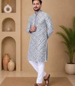 Grey color white embroidery thread work with multi sequence silk men's kurta payjama set
