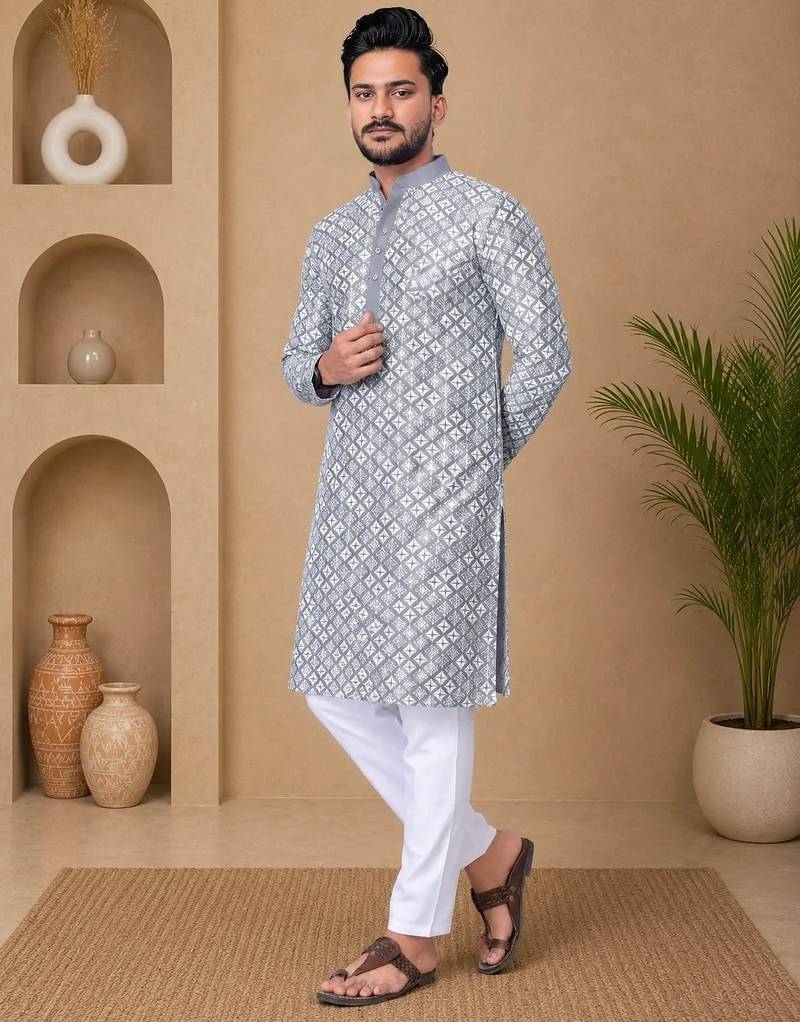 Grey color white embroidery thread work with multi sequence silk men's kurta payjama set