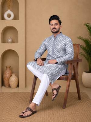 Grey color white embroidery thread work with multi sequence silk men's kurta payjama set 2