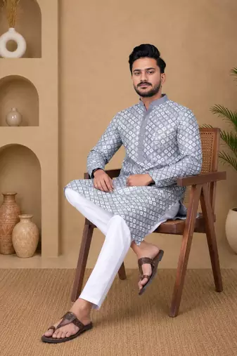 Grey color white embroidery thread work with multi sequence silk men's kurta payjama set