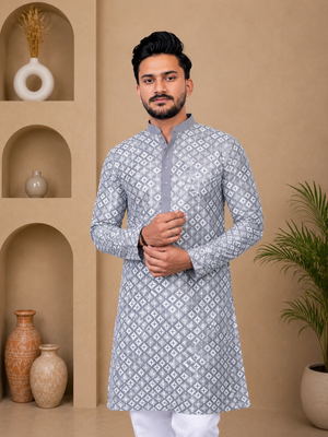Grey color white embroidery thread work with multi sequence silk men's kurta payjama set 3
