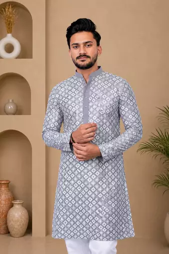 Grey color white embroidery thread work with multi sequence silk men's kurta payjama set