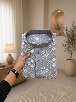 Grey color white embroidery thread work with multi sequence silk men's kurta payjama set 4