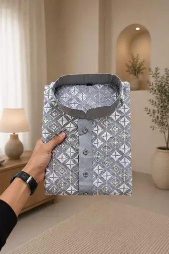 Grey color white embroidery thread work with multi sequence silk men's kurta payjama set