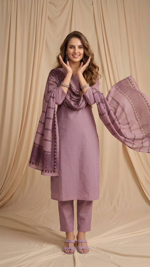 Purple straight kurta pant with printed dupatta set
