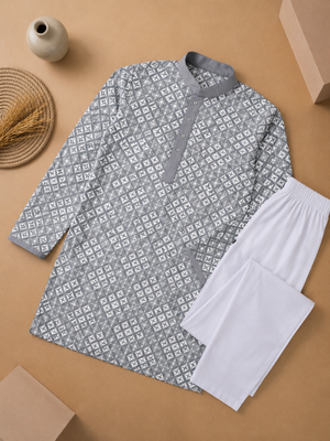 Grey color white embroidery thread work with multi sequence silk men's kurta payjama set 5