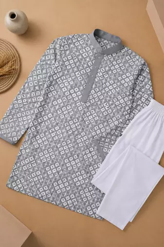 Grey color white embroidery thread work with multi sequence silk men's kurta payjama set