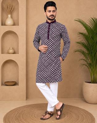 Purple color white embroidery thread work with multi sequence silk men's kurta payjama set 1