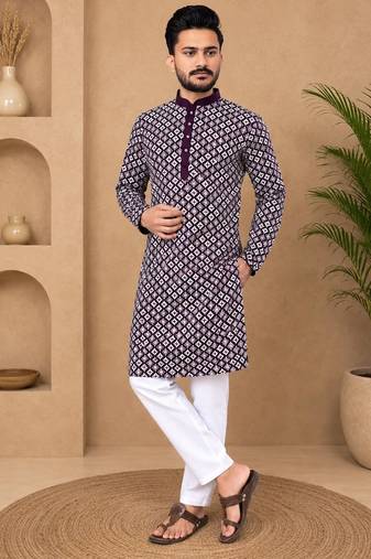 Purple color white embroidery thread work with multi sequence silk men's kurta payjama set
