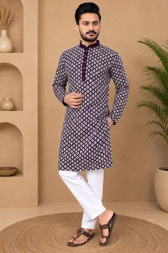 Purple color white embroidery thread work with multi sequence silk men's kurta payjama set