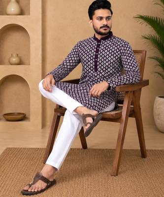 Purple color white embroidery thread work with multi sequence silk men's kurta payjama set 2