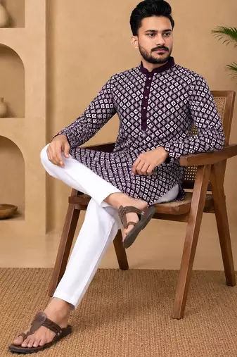 Purple color white embroidery thread work with multi sequence silk men's kurta payjama set