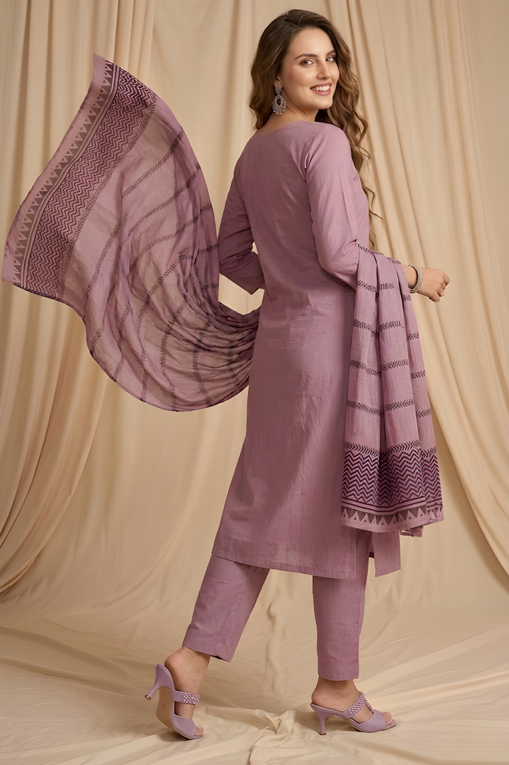 Purple straight kurta pant with printed dupatta set