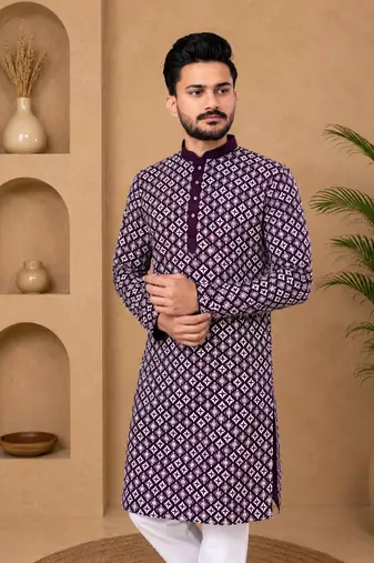 Purple color white embroidery thread work with multi sequence silk men's kurta payjama set