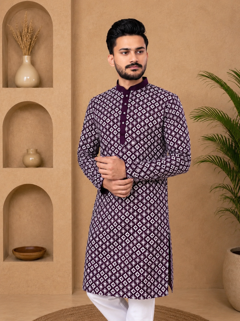 Purple color white embroidery thread work with multi sequence silk men's kurta payjama set