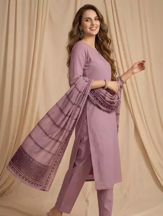 Purple straight kurta pant with printed dupatta set