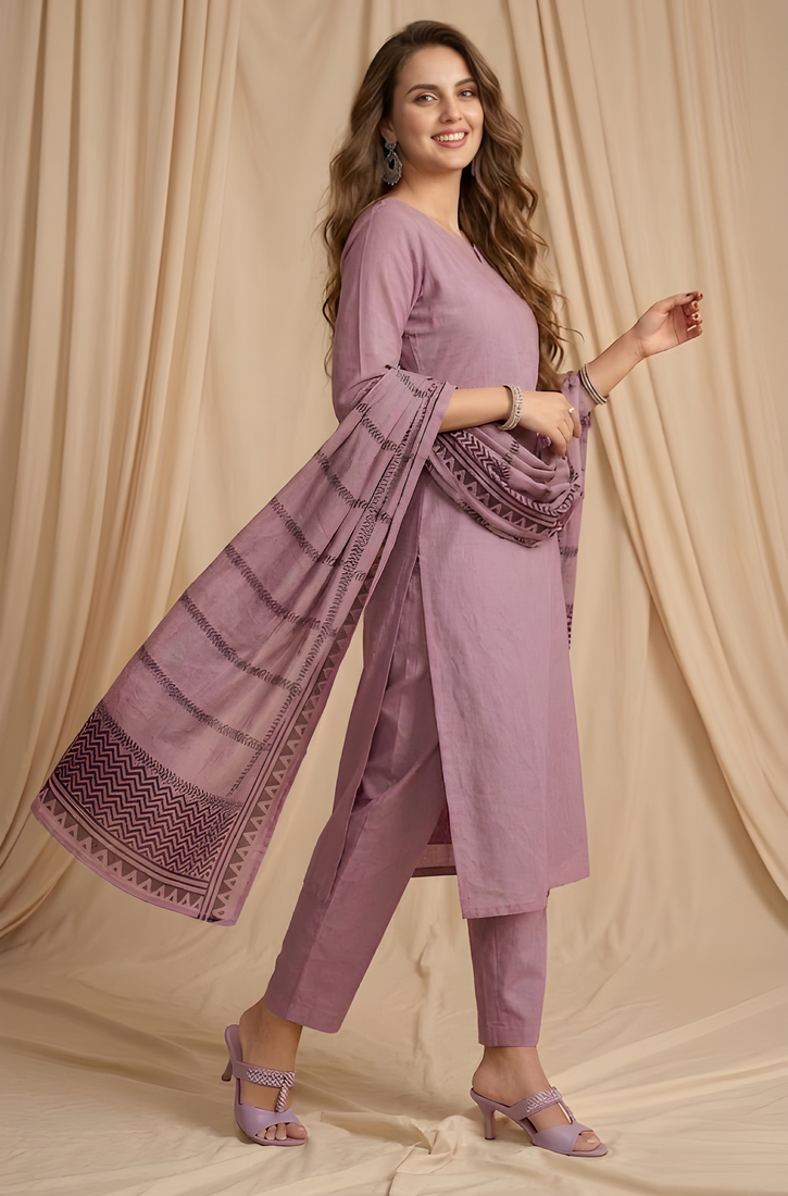 Purple straight kurta pant with printed dupatta set