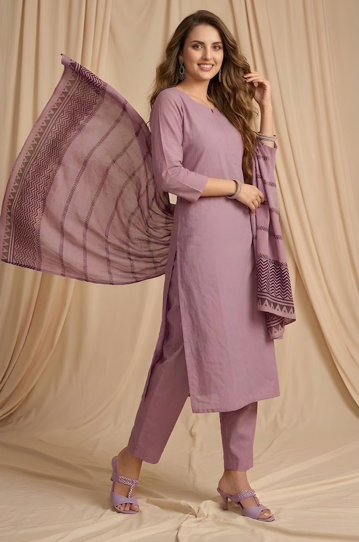 Purple straight kurta pant with printed dupatta set