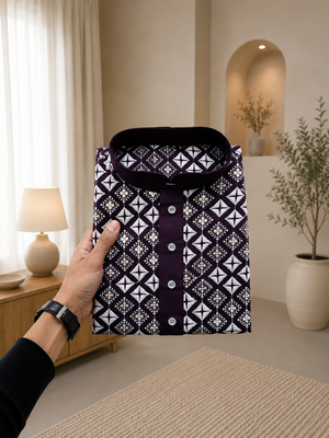 Purple color white embroidery thread work with multi sequence silk men's kurta payjama set 4