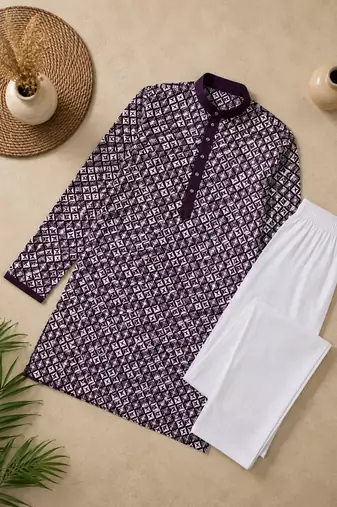 Purple color white embroidery thread work with multi sequence silk men's kurta payjama set