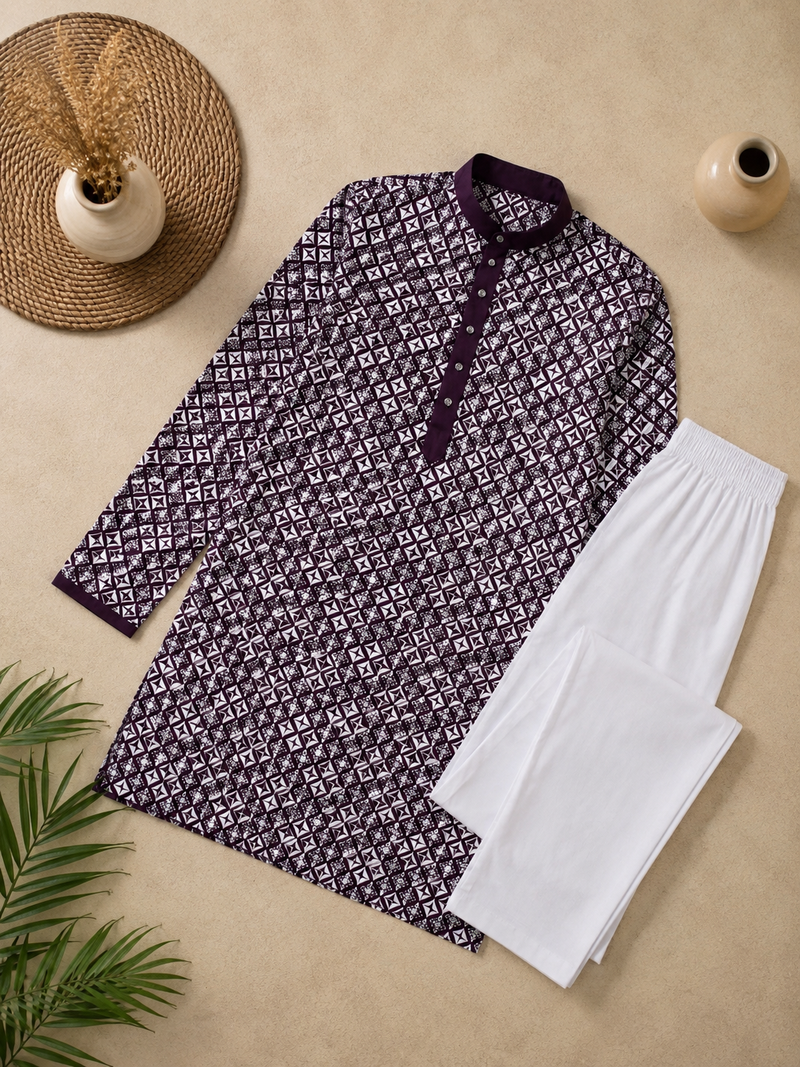Purple color white embroidery thread work with multi sequence silk men's kurta payjama set