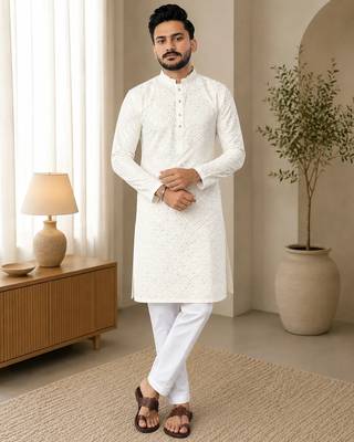 White color white embroidery thread work with multi sequence silk men's kurta payjama set 1
