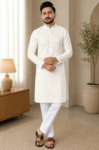 White color white embroidery thread work with multi sequence silk men's kurta payjama set