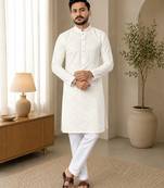 White color white embroidery thread work with multi sequence silk men's kurta payjama set