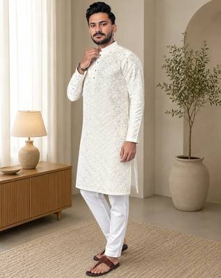 White color white embroidery thread work with multi sequence silk men's kurta payjama set 2