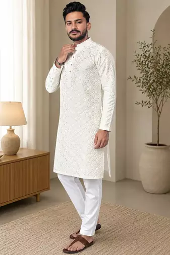 White color white embroidery thread work with multi sequence silk men's kurta payjama set