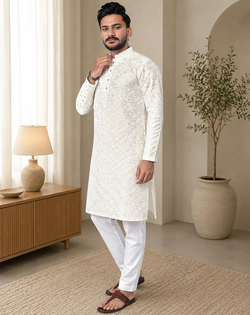 White color white embroidery thread work with multi sequence silk men's kurta payjama set