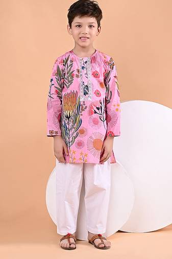 Pink floral printed cotton kurta set