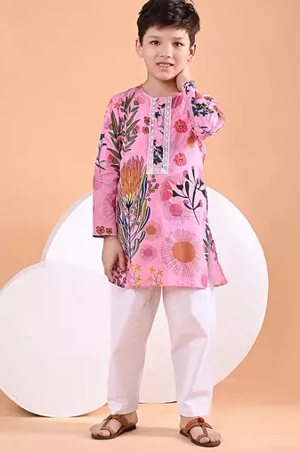 Pink floral printed cotton kurta set