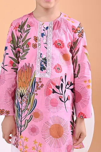 Pink floral printed cotton kurta set