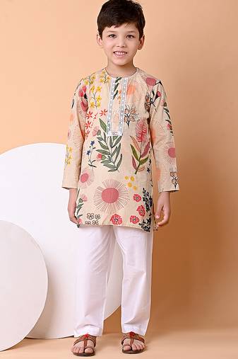 Beige floral printed cotton kurta set