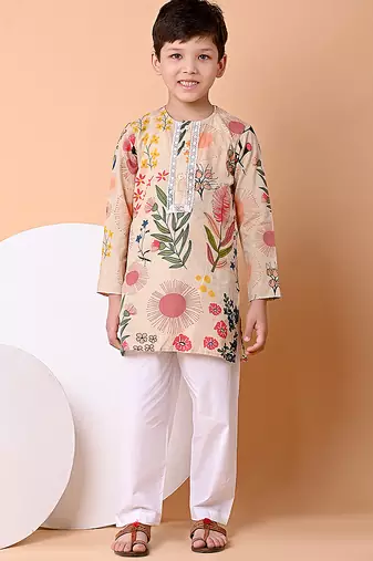 Beige floral printed cotton kurta set
