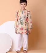 Beige floral printed cotton kurta set